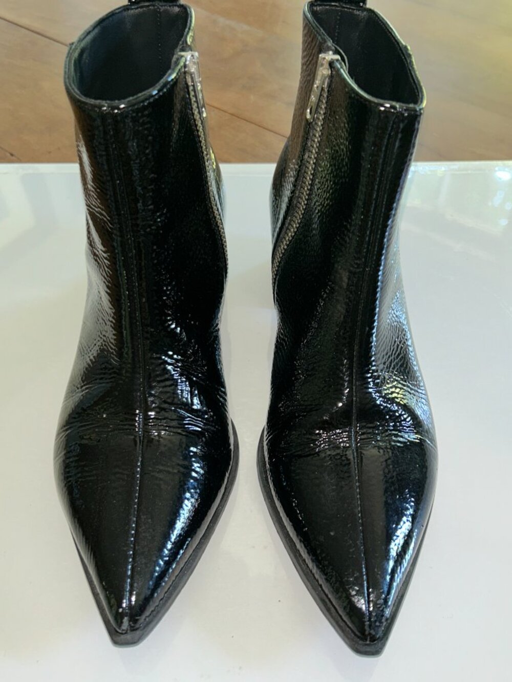 Everlane Black Patent Leather Pointed Toe Ankle Boots, Italian, Sz 7